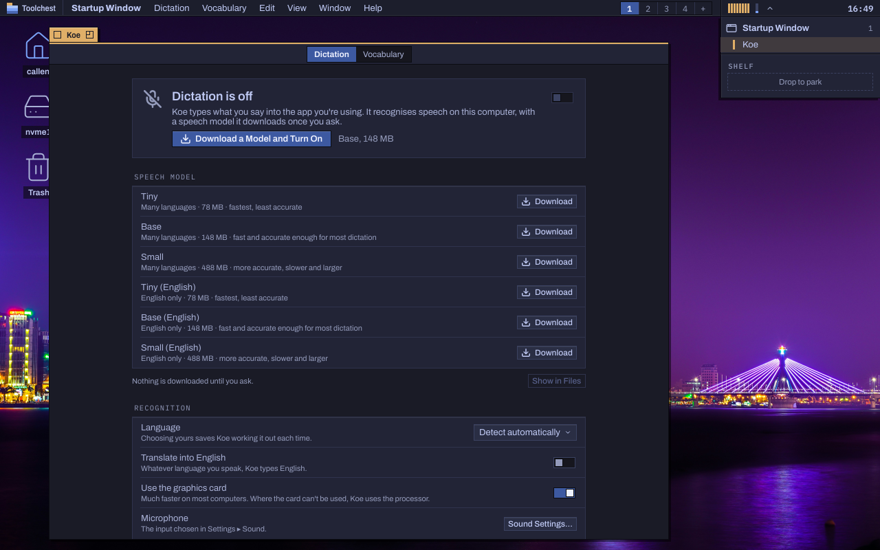 Koe's Dictation page: Dictation is off, with Download a Model and Turn On (Base, 148 MB); six speech models, each with Download; and the recognition options.