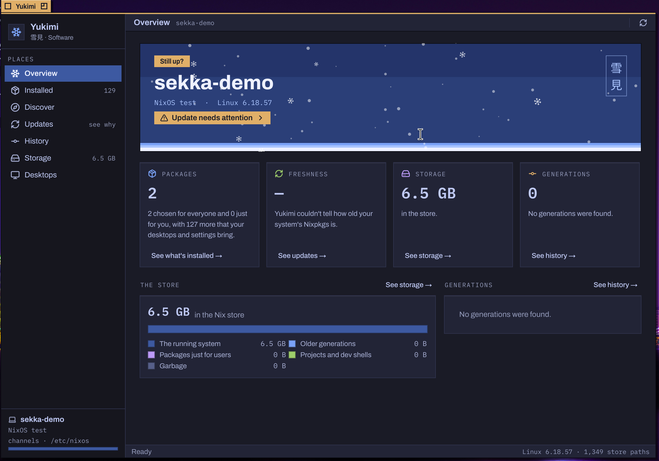 Yukimi's Overview of a test machine named sekka-demo: a banner of falling snow, then its packages, freshness, store size and generations, and a bar of what fills the store.